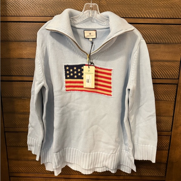 NWT Tuckernuck Americana Quarter Zip Light Blue Sweater with American Flag Patch